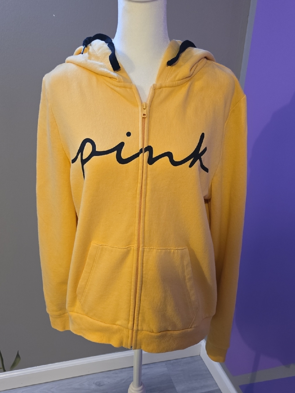 PINK Victoria's Secret Yellow Zip Hoodie with Black Script